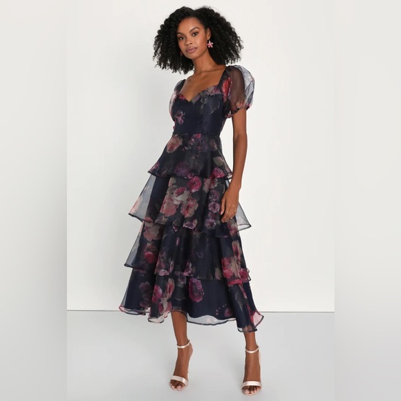 Lulus Dresses & Skirts - Oh-So Stunning Navy Blue Floral Organza Tiered Midi Dress